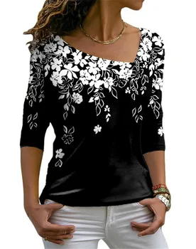 Frumoasa de Vara Femei T Shirt Floare de Imprimare 3D Maneca Lunga Vogue Slim Neregulate Diagonală Guler Haine Femei Tricou Lung Apare