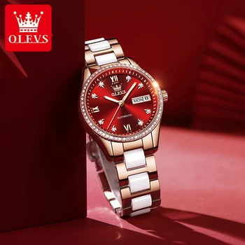 OLEVS Noua Moda Roșu la Modă Apela Automat Mechanical Ceas Damele de Lux Diamant Calendar Luminoase rezistent la apa Femei Ceas 6637