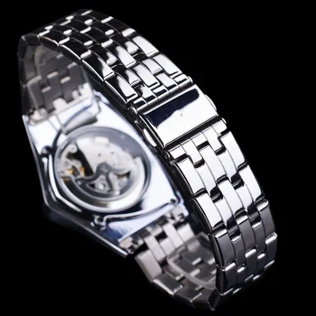 Câștigător Argint Bărbați Mechanical Ceas Skeleton Automatic Triunghi Ceasuri Din Oțel Inoxidabil Ceas Transparent Caz Reloj Hombre