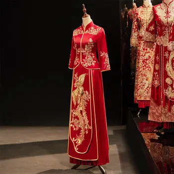 Flori tradiționale de Broderie Phoenix Chineză Cheongsam Cuplu de Nunta Costum Elegant Rochie de Mireasa se casatoreste cu китайская одежда