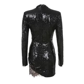 Moda negru cu Maneci Lungi Rotunde Gât Paiete Dantelă rochie Bodycon Mini pentru Femei Rochie de Seara, Rochie de Petrecere