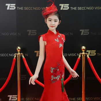Costum De Anul Nou Chinezesc Rosu Rochie De Mireasa Pentru Copii Fetita Cu Flori Orientale Rochii De Seara Lungi Din Satin Cheongsam Broderie Qipao