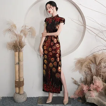 Supradimensionat 4XL Femei Slim Velur Sequin Cheongsam Catifea Qipao Eleganta de Seara Rochie de Petrecere Maneci Scurte Vestidos