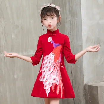 Flori drăguț Fete Rochii copii Broda Cheongsam Rochii de Fete Copil Haine Elegante Tradițională Chineză Anul Nou Haine