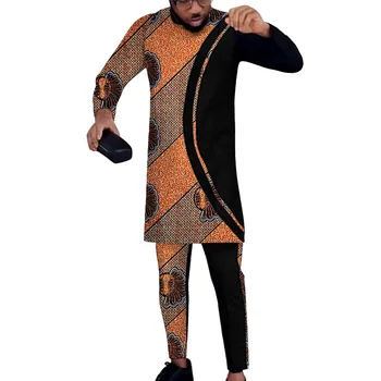 Design asimetric Tricou Bărbați ' O de Gât Topuri cu Maneci Lungi+Mozaic Pantaloni sex Masculin Gâfâi Costume Africane Uzura de Partid Personalizate
