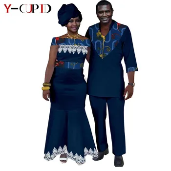 Haine africane pentru Cupluri Bazin Bărbați Costume de Sus și Pantaloni Seturi de Potrivire Femei de Imprimare Rochii de Dantelă Headwrap Petrecere de Nunta Y21C03
