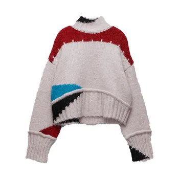 ZA începutul toamnei design nou sens temperament cu mâneci lungi stand-up guler cu nervuri textura de culoare de potrivire de sex feminin pulover tricotate