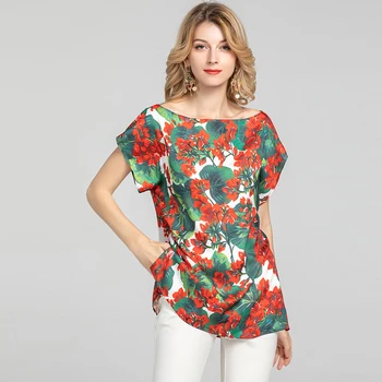 Moda De Top Pista T-Shirt De Fructe De Vară Floare Roșie De Imprimare Slash Gât Vrac Femei Noi Topuri 2021