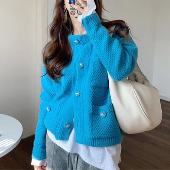 WAYOFLOVE coreean Albastru Pulover Cardigan Femei Tricotate Casual Buzunar Iarna Pulovere Cardigan Femei Singure Pieptul Pulover Femei