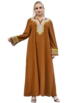 Mordern Abaya Musulman Mari Femei Brodate cu Maneci Drapate Maro Stil Național Etnic Închis de Mult Abaya Mca9581