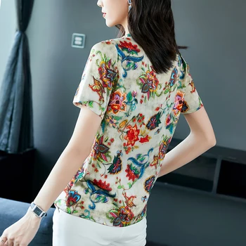 Stil chinezesc de Mătase Naturală Femei Topuri de Vara Tricouri Elegante, O-neck Short Sleeve Print Tee shirt Real Satin de Matase Doamna T-shirt