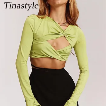 Tinastyle Verde de Moda Hollow Sexy Tricou Femei de Vara cu Maneci Lungi Scurte Y2K Petrecere de Club Corset de Sus a Culturilor de Toamna de Moda de Top