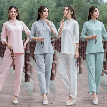 2021 Tradițională Chineză Kung Fu, Tai Chi Uniformă de Îmbrăcăminte pentru Femei Yoga Set Casual Acasă Tang Rochie cu Maneci Lungi Tricou + Pantaloni Set