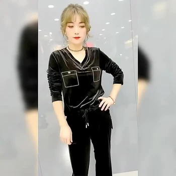 SAMGPILEE Stil coreean Aur Negru de Catifea Femei Lungă cu Mâneci lungi tricou Stretch Slim Topuri Toamna Și Iarna Bottom Vintage Tricou