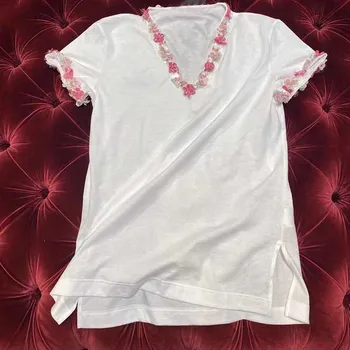 Tricou Basic Alb Femei 2021 Primavara-Vara pentru Femei cu Maneci Scurte T-shirt 3-D de Flori Șirag de mărgele V-neck Top Elegant, de Top Lady