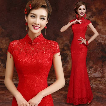 1buc/lot red vintage elegant cu maneci scurte cheongsam rochie de damasc dantelă subțire străpuns ștrasuri din mărgele mireasa rochie de prajire