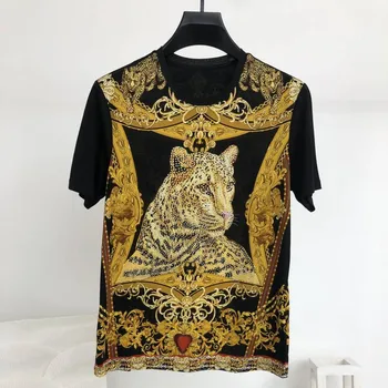 Vara Fierbinte Moda Barbati Casual T-shirt Diamante de Înaltă calitate leopard print Tee Bumbac Topuri C853