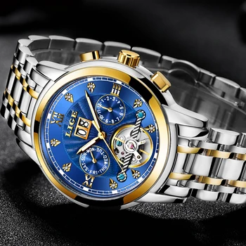 LIGE Mens Ceasuri de Top de Brand de Lux Automat Mechanical Ceas Bărbați din Oțel Complet rezistent la apa de Afaceri Ceas de Aur Relogio Masculino
