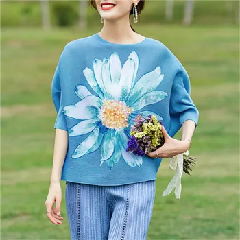 Plus Dimensiune Topuri Pentru Femei 2021 Vară Floare Mare Ștrasuri Din Mărgele Rotunde Gât Batwing Mâneci Vrac Se Întind Miyake Cutat Moda T-Shirt