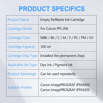 PFI-206 PFI206 Refillable Cartuș de Cerneală Cu Chip de Permanentă Pentru Canon imagePROGRAF iPF6400S iPF6410S Printer 8Colors/Set 300ML
