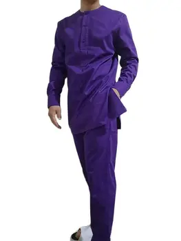 Bumbac Bărbați Costum, Cămașă Meci Pant Set Haine Violet Solide Topuri+Pantaloni Festivalul African Ocazie Purta
