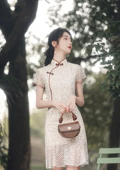 Primavara-Vara Eleganta Cu Maneci Scurte Sirena Mini Șifon Rochie Chinezească Tradițională Chineză Stil De Sex Feminin Qipao
