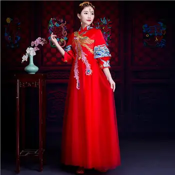 Noua epocă phoenix model royal rochie de petrecere stil Chinezesc roșu de nunta formale rochie veche de mireasa cu maneci Lungi cheongsam