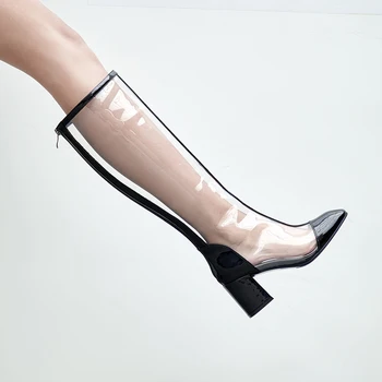 Salu 2020 Nouă Femei Cizme Genunchi Ridicat Din Pvc Transparent Cizme Rotund Toe Tocuri Inalte Cizme Zip Petrecere Pantofi Pentru Femeie Cizme De Vara