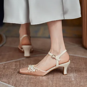 2021 Nouă Primăvară-Vară Închis Toe Sandale Pantofi Femei Din Satin De Mătase, Perle, Flori De Nunta De Petrecere Mireasa Pantofi Cu Toc Inalt, De Culoare Bej Roz