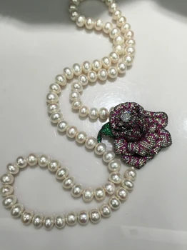 11-12MM Mare de apă dulce Colier de perle Cu Floare Trandafir Romantic Timp Real Pearl Colier 86CM Moda bijuterii Femei