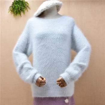 Doamnelor moda pentru femei cer albastru păros nurca cașmir tricotate o-neck slim bluze pulover de angora blana de iarnă jumper pulover trage de sus