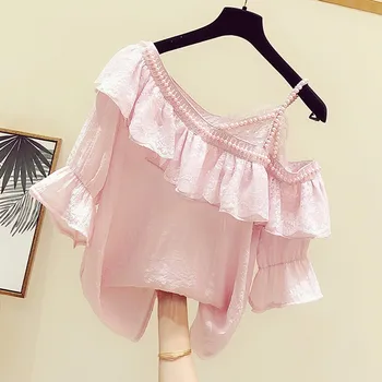 Roz dulce Zburli Neregulate Femei T-shirt 2021 Vara Noi de Pe Umăr Volane Birou Doamnă Trage Topuri Tricouri