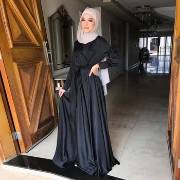 Arab dubai cravată-up rochie din satin cu mare desfășurare halat de Musulmani de sex Feminin Culoare Solidă Dubai Abaya Turcia Modeste Haine Islamice