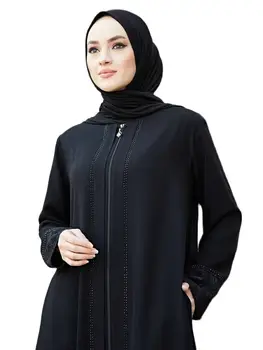 Violet Lung Islamic Abaya Îmbrăcăminte Dubai Turcia Femei De Moda Hijab Africane Müslim Rugăciune Rochie Pentru Femei Ramadan Caftan Halat De Piatră Detaliu De Fermoar Lungime Abaya Maneci Din Dantela