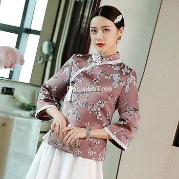 2022 femei stil chinezesc broderii florale qipao tricou guler mandarin ceai tricou retro qipao topuri casual tang costum bluza