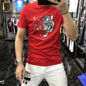 Vara Design Elegant pentru Bărbați de Lux Pietre Cap de Tigru de Imprimare T-Shirt Hip Hop Street Maneci Scurte Streetwear O de Gât Sus