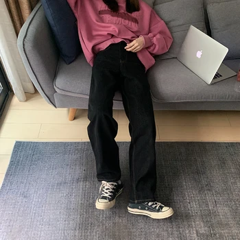 Epocă Talie Inalta Femei Negru coreeană de Moda Streetwear Largi Picior Jean de sex Feminin Pantaloni Drepte Largi Mama Denim Pantaloni landuxiu