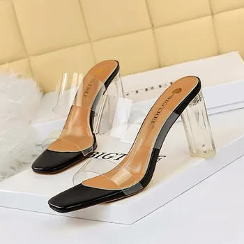 Clar Sandale Femei Tocuri Deget de la picior Deschis de Cristal pentru Femei Pantofi Transparente Nunta Femei Square Toe Tocuri Pantofi de sex Feminin