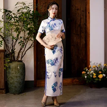 Dublu Satin Florale Imprimate Qipao Femei Sexy Slim Mandarin Guler Seara Cheongsams Epocă Butonul Oriental Rochie Chinez