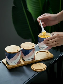 3pcs Ceramice Cutii Condimente cu Lemn Capac Stil Nordic Imprimeuri Geometrice Depozitare Cutii cu Linguri Sos de Bucătărie Box Set