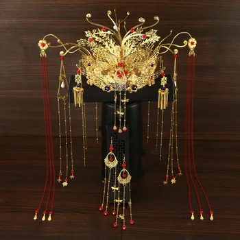 Personalizat Stil Chinezesc Vechi Costum Phoenix Coroana Show Wo Îmbrăcăminte Frizură de Aur Ciucure Principal Coroana Ace de Păr pentru Femei