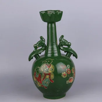 Antic QingDynasty vaza de portelan,Verde Glazura de Culoare Dublu Urechi sticla,pictate manual meserii,Decorare,Colectia&Podoabă