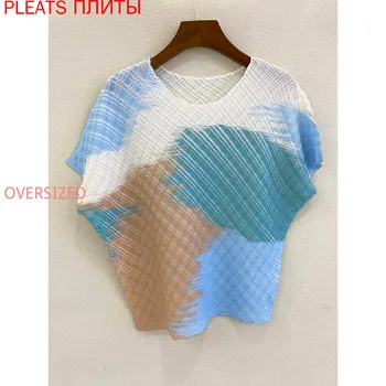 Miyake Plisată Top Femei Vrac Vara Noi de Imprimare T-shirt de Proiectare Sens Pulover Bat Tricou Pliuri Supradimensionat Tricou-O singură Bucată