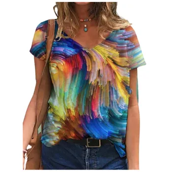 Vara Oversize T-shirt Femei Noi Femeile de Moda Pictură în Ulei de Imprimare Topuri Tee Doamnelor V-Gât Pulover de Streetwear Flori Tricouri
