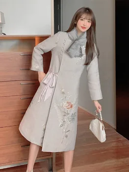 High-end de Iarna Femei Guler de Blană de Sus Chineză Stil Retro Floral Jacquard Elegant Vrac Doamna Cald Trenci ofițeresc Femei S-XXL