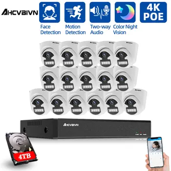4K Audio POE CCTV aparat de Fotografiat Sistem 16CH Kit NVR Interioară în aer liber de Detectare a Feței Camera de Supraveghere Video Sistem de Securitate Stabilite