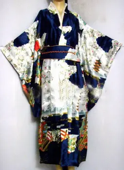 Bleumarin Femeile Japoneze de Matase Satin Kimono Yukata Rochie de Seara Haori Kimono Cu Obi peri O Mărime H0016-D