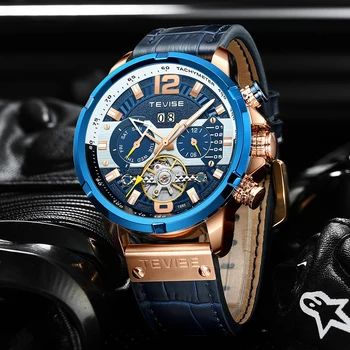 TEVISE Sport Mașini de Ceasuri pentru Barbati Blue Top Brand de Lux Militare Piele Încheietura mîinii Ceas Bărbat Ceas Moda Ceas Automatic