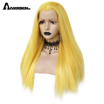 Anogol Cosplay Sintetice Dantelă Față Peruca Peruca Cosplay Direct de 26 de centimetri Galben Dantela Peruca Peruca Blonda Pentru Femei de culoare