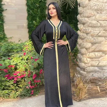 Moda Musulmane Hijab Lung Maxi Rochie Femei Diamant Negru Panglică Marocan Caftan Turcia Arabă Halat De Haine Islamice Eid Ramadan